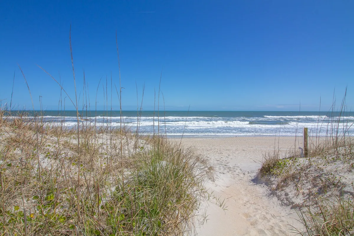 An expansive exterior shot of the coastline, featuring sand dunes, rolling ocean waves, and a blue sky. The image captures the natural beauty and tranquility of the seashore, inviting exploration and relaxation.